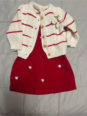 Girls Red Corduroy Dress with Cream Striped Knit Cardigan